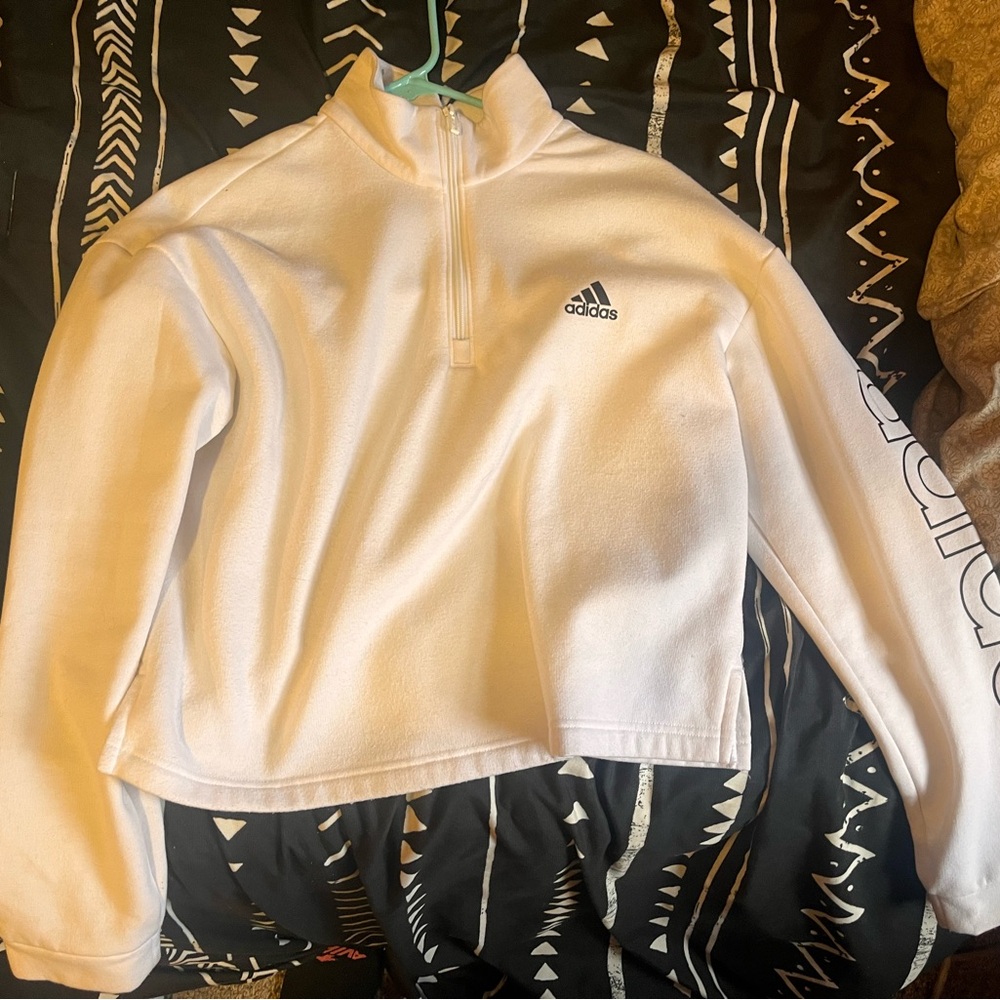 Adidas White Fleece Quarter-Zip Top